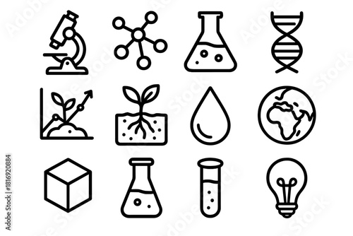 Organic Farming Icons. Scientific Organic Farming linear icon set. microscope, molecular model, lab flask, DNA helix, graph chart, soil sample, plant, water droplet, globe, 3D cube