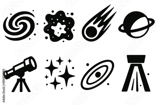 Interstellar Icon Set. Interstellar Dust silhouette icon set: galaxy, dust cloud, comet, planet, telescope, star cluster, orbit ring, light beam