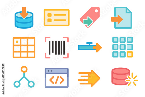 Colorful Data Input Icons. Data Input flat icon set: data arrow into database, structured field box, import tag, file entry icon, data form grid, barcode scan symbol, entry
