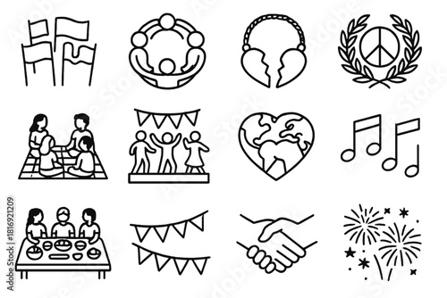 World Unity Icons. Celebrating Together Worldwide linear icon set. flags of nations, diverse people circle, friendship necklace, peace wreath, community picnic, festival lights