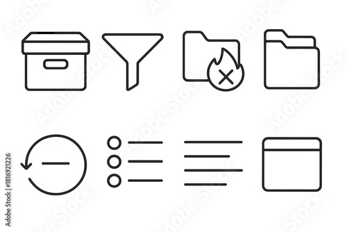 Data Organization Icons. Data Simplification linear icon set: archive box, filter funnel, delete spark, folder trim, organized tabs, clear cache symbol, tidy list, minimal panel