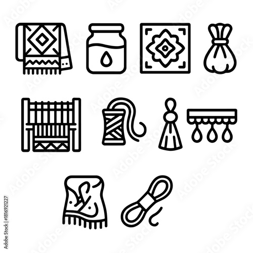 Cultural Textile Icons. Cultural Textiles linear icon set. patterned fabric, dye jar, motif design, cloth bundle, wooden loom, embroidery thread, tassel, fringe trim
