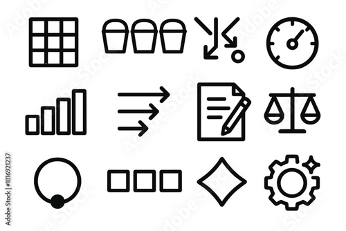 Operational Resource Icons. Operational Resource Symbols linear icon set: resource grid, supply buckets, allocation paths, capacity dial, progress block, workflow arrows, planning