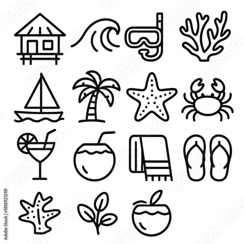 Tropical Icons Collection. Tropical Adventure linear icon set. beach hut, wave, snorkeling mask, coral, sailboat, palm tree, starfish, crab, cocktail, coconut, towel, flip-flops