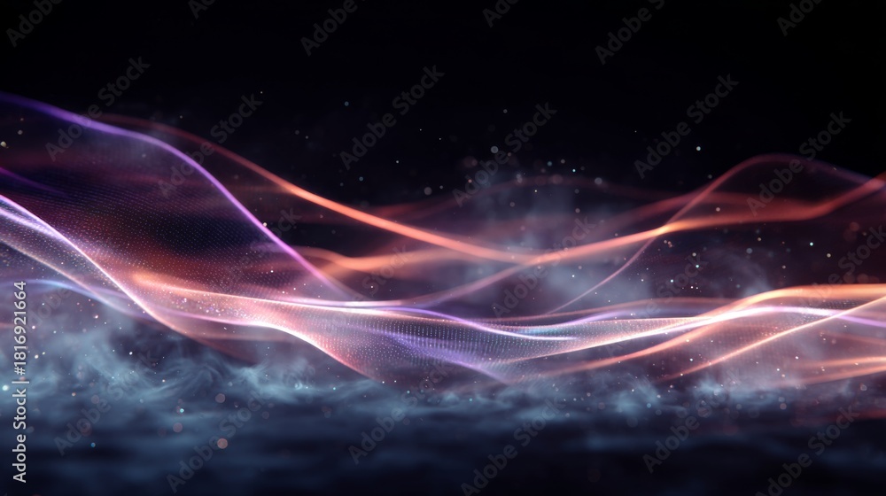Fototapeta premium Bright Holographic Lines Weaving Through Dark Mist on Black Background for Abstract Design and Creative Projects