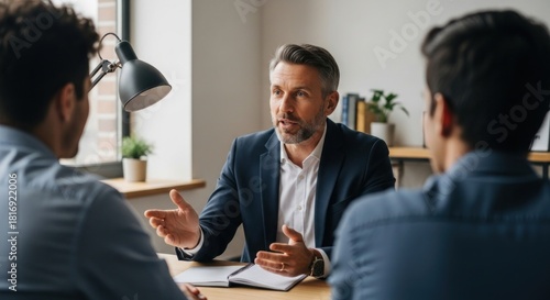 Experienced professional discusses strategy with two colleagues across a desk