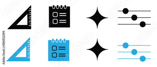 Minimal line icons set: ruler, notebook, sparkle, and slider controls in black and blue vector design.