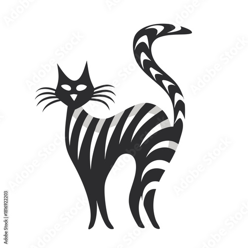 Minimalist black and white vector drawing of a stylized cat  