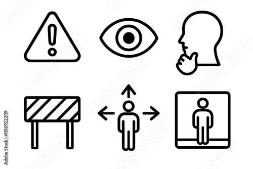 Safety Icon Set. Safety Awareness Set linear icon set: alert triangle, observation icon, thoughtful pause, hazard marker, decision arrow, safe zone line