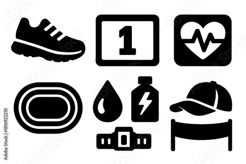 Brutalist Running Icons. Running Stage silhouette icon set. shoes, bib number, track, sweat drop, heart rate monitor, energy gel, cap, goal banner