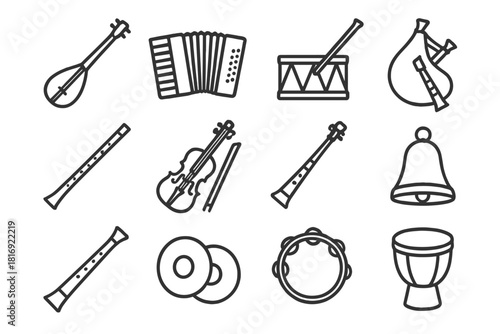 Balkan Folk Instruments. Folk instruments of the Balkans linear icon set. tambura, accordion, tapan drum, kaval flute, violin, bagpipe, zurna, cymbals, tambourine, lute, bell, hand