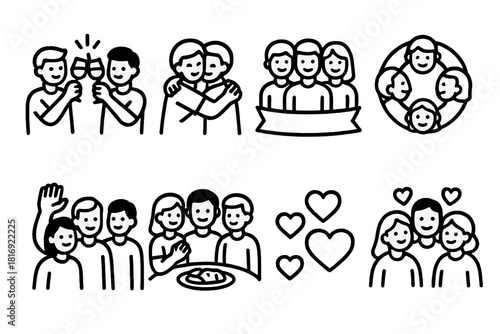 Joyful Celebration Icons. Shared Happiness linear icon set. group of friends, clinking glasses, hug, celebration ribbon, community circle, waving hand, shared meal, joyful hearts