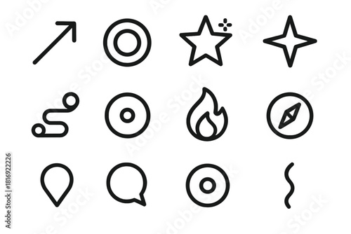 Abstract Motive Icons. Motive Icons linear icon set: intention arrow, focus lens, purpose spark, guiding star, reason path, goal dot, driving flame, inner compass, direction marker