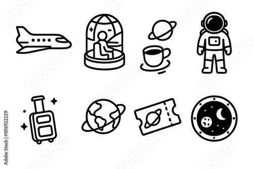 Space Tourism Icons. Space Tourism linear icon set. passenger spacecraft, observation dome, astronaut tourist, zero-gravity coffee cup, souvenir planet globe, orbit ticket, luggage