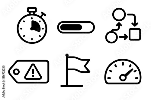 Productivity Icon Set. Work Productivity Set linear icon set: timer, progress bar, workflow arrows, priority tag, goal flag, efficiency gauge