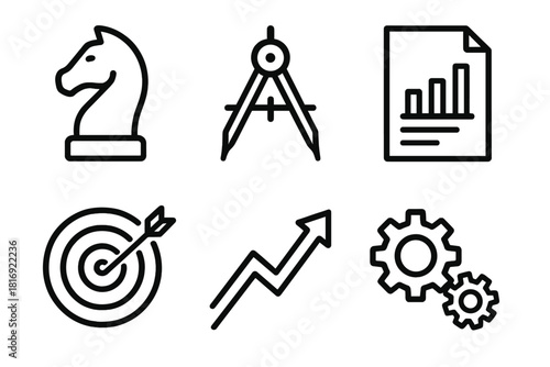 Strategic Planning Icons. Strategic goal setting linear icon set. chess knight, compass, document chart, target board, growth arrow, gears.