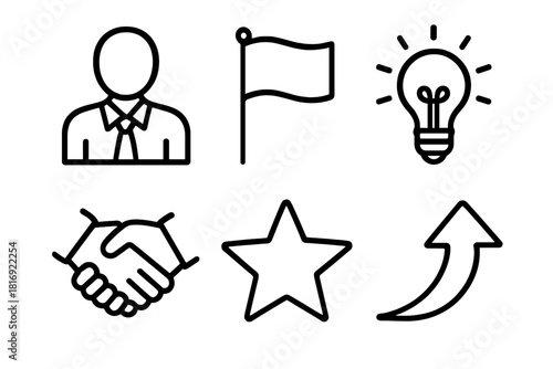 Leadership Symbol Icons. Leadership positive attitude linear icon set: leader figure, flag, light bulb, handshake, star, upward arrow