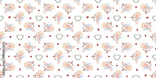 Fotografie Seamless watercolor pattern with adorable baby cupids, red hearts, and floral wreaths