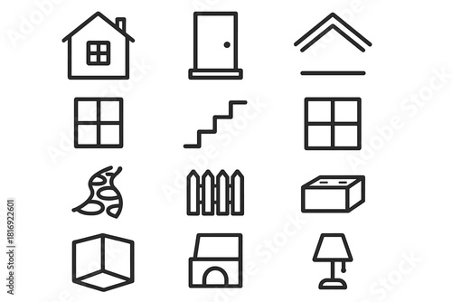 Simple House Icons. Dwelling Set linear icon set: house outline, front door icon, roof beam, window frame, porch step, interior room tile, chimney shape, garden path marker, fence