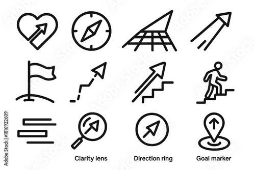 Guided Path Icons. Purposeful Direction linear icon set: intention card, compass needle, structured path, perspective grid, aspiration beam, milestone flag, guided arrow, steady