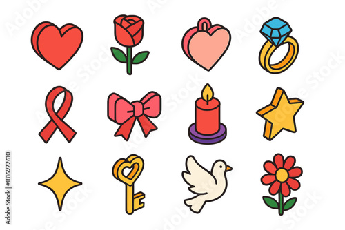 Love Charms Icons. Love Charms flat icon set: heart, rose, locket, ring, ribbon, bow, candle, star, sparkle, key, dove, flower