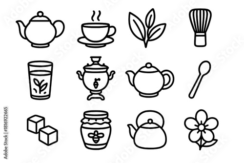 Global Tea Icons. Global tea culture linear icon set: teapot, cup, leaf, bamboo whisk, glass, samovar, clay pot, spoon, sugar cubes, honey jar, kettle, flower