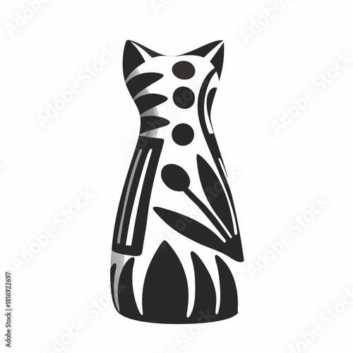 Black and white porcelain cat figurine with a floral design, vector illustration.