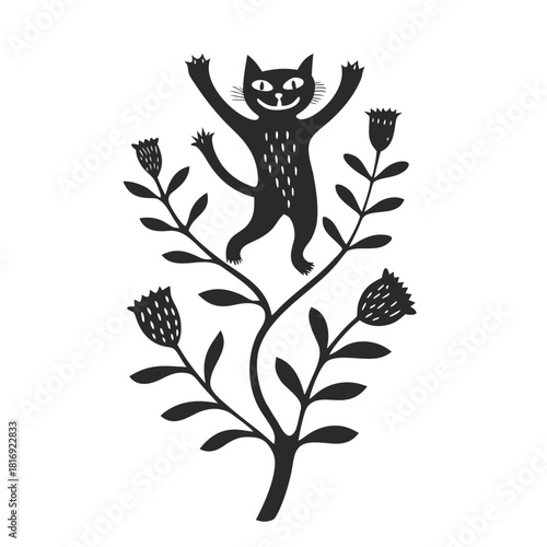 Playful cat dancing among flowers in minimal black and white design  
