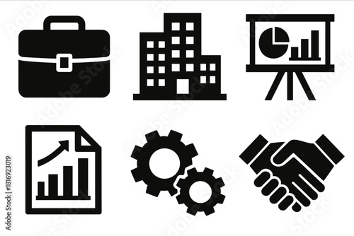 Bold Business Icons. Business organization silhouette icon set: briefcase, building, chart board, document chart, gears, handshake
