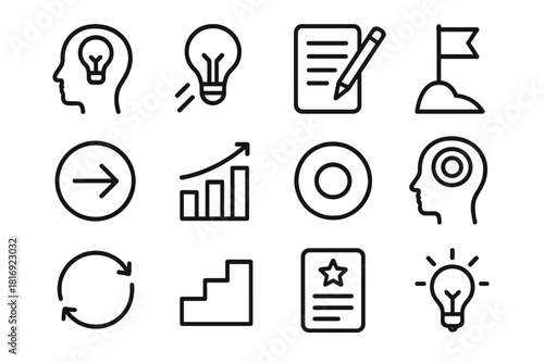 Learning Mindset Icons. Learning Mindset Pack linear icon set: open mind icon, idea beam, study notes, goal flag, exploration arrow, improvement bar, curiosity dot, focus ring