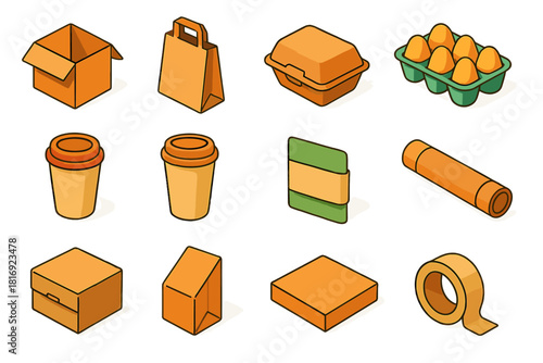 Eco-Friendly Packaging Icons. Packaging from recycled paper flat icon set: cardboard box, paper bag, takeaway container, egg carton, paper cup, sleeve wrap, label sticker, mailing