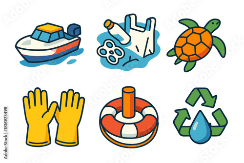 Marine Cleanup Icons. Marine Cleanup Initiatives flat icons set. boat, plastic debris, bag, turtle, recycling arrows, gloves, buoy, water droplet