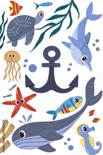Illustrations of Sea Animals and Anchors in Paper Cut Style for Nursery Wall Art