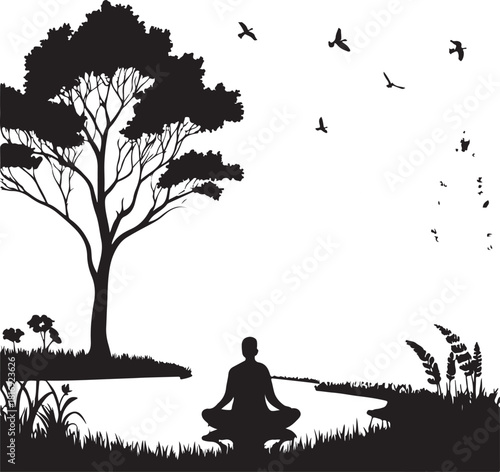 Silhouette of a person meditating by a river under a tree with birds flying meditation yoga