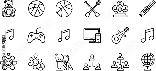 Set of 20 Black and White Line Icons Representing Education, Sports, Music, Health, and Social Interaction Concepts