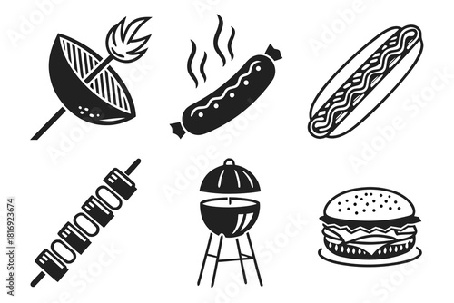 Minimalist bbq party icons set black and white