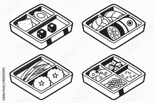 Minimalist bento lunch box food icons set