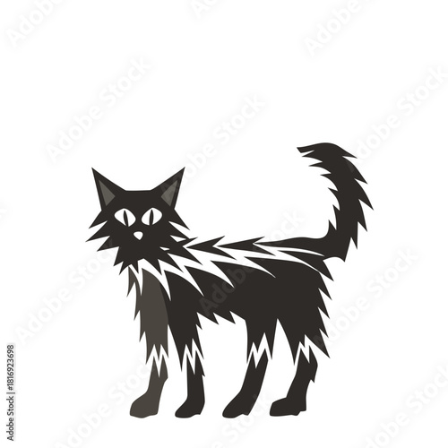 Vector black and white illustration of a tousled stray cat