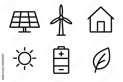 Sustainable Energy Icons. Local Energy Systems linear icon set: solar panel, wind turbine, home, storage unit, sun, leaf