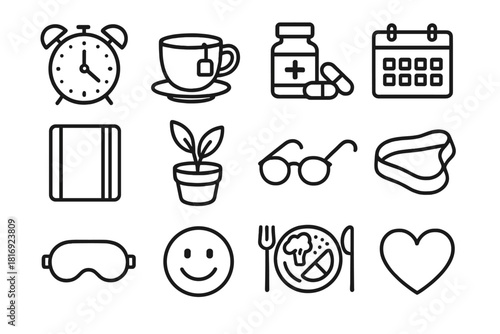 Healthy Routine Icons. Healthy routines linear icon set. alarm clock, tea cup, vitamins, calendar, journal, plant, reading glasses, light exercise band, sleep mask, smile icon