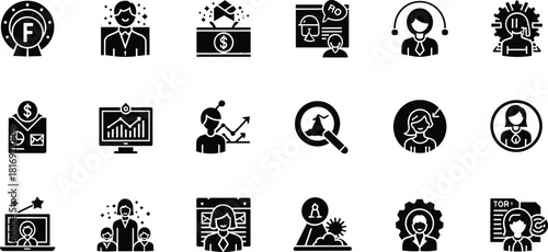 Set of 18 Black and White Business and Service Icons Featuring Support, Finance, Leadership, Recognition, and Online Presence