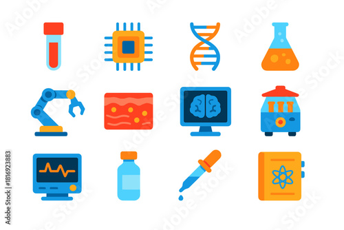 Biomedical Innovation Icons. Biomedical Innovation flat icon set: blood sample vial, microchip implant, gene sequence, chemical reagent, robotic arm, tissue sample, brain scan