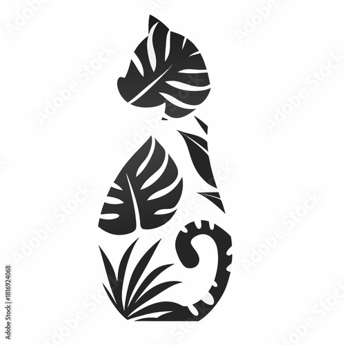A cat silhouette filled with tropical leaves, vector black and white drawing.