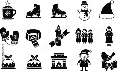 Set of 15 Black and White Christmas and Winter Icons for Holiday Design, Decoration, and Seasonal Graphic Projects