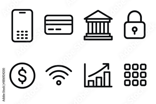 Online Banking Icons. Online Banking linear icon set: smartphone, credit card, bank building, lock, dollar sign, wifi signal, bar chart, keypad