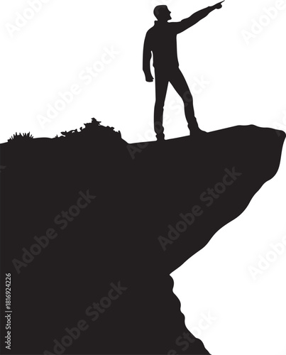 Silhouette of a person standing on a cliff edge pointing into the distance Keywords: silhouette, person, man, woman, cliff, edge, mountain, peak, pointing, direction, future, vision, leadership