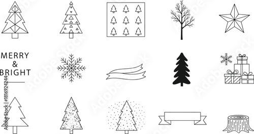 Set of 16 Black and White Minimalist Holiday Icons Featuring Trees, Snowflakes, Stars, Gifts, and Seasonal Banners