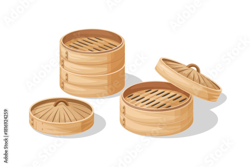 Traditional bamboo steamer baskets for cooking asian food