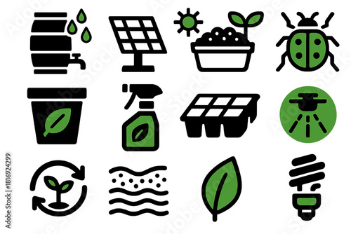 Sustainable Greenhouse Icons. Sustainable Greenhouse Collection silhouette icon set: rainwater barrel, solar panel, compost mix, eco-friendly pot, natural pest spray, beneficial