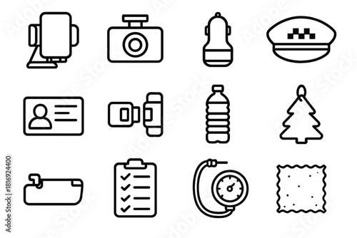 Taxi Driver Essentials. Taxi Driver Tools & Equipment linear icon set: phone mount, dashboard camera, car charger, uniform cap, driving license, seatbelt buckle, water bottle, air